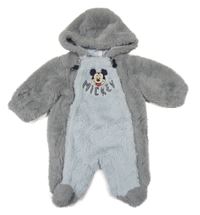 Šedo-světlemodrošedá kožešinová podšitá kombinéza s Mickey a kapucí Disney