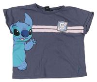 Šedé crop tričko se Stitchem a pruhy zn. Disney