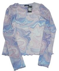 Světlemodro-světlerůžové vzorované síťované triko s všitým topem Primark