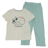 Bílo-tyrkysové pyžamo s kočkou Primark