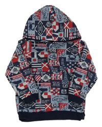 Modro-tmavomodro-červená vzorovaná propínací mikina s kapucí