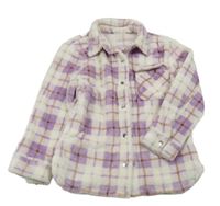 Bílo-levandulovo-hnědá kostkovaná chlupatá košilová bunda Topolino