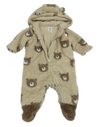 Béžová chlupatá zateplená kombinéza s medvědy a kapucí C&A