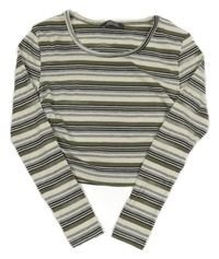 Šedo-smetanovo-khaki pruhované žebrované crop triko Primark