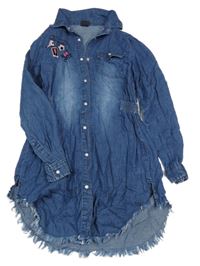 Modré propínací košilové šaty riflového vzhledu s obrázky Y.F.K.