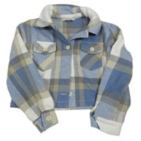 Modro-bílá kostkovaná vlněná crop košilová bunda shein