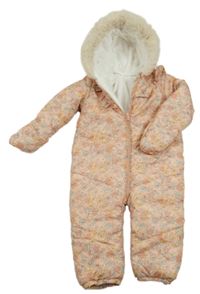 Světlerůžová květovaná šusťáková zimní kombinéza s kapucí George