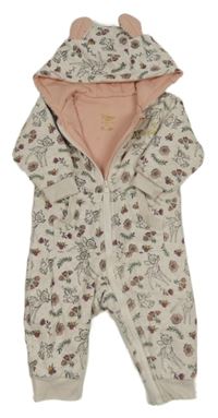 Světlebéžová vzorovaná zateplená kombinéza s Bambim a květinami a kapucí Primark