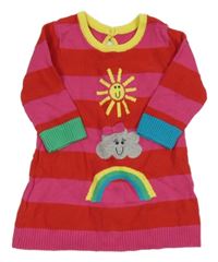 Růžovo-červené pruhované pletené šaty s duhou a mrakem George