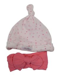 2 Set - růžová čelenka s mašlí + světlerůžová sametová čepice s hvězdičkami 