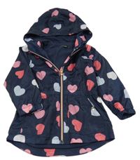 Tmavomodrá šusťáková jarní parka se srdíčky a kapucí