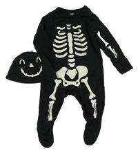 2 set - černý overal s kostrou + čepice F&F