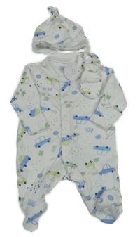 Nové - 3 set - bílý overal s modrými auty + čepice + rukavice 