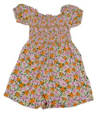 Růžovo-oranžový květovaný kraťasový overal 