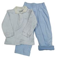2set - Bílo-světlemodré pruhované polo triko + světlemodré žebrované sametové podšité kalhoty 