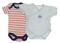 2set - 2x body - Světlemodro-bílé pruhované zavinovací s medvídkem + bílo-červené pruhované