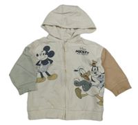 Bílo-hnědo-zelená propínací mikina s Mickeym a kapucí George