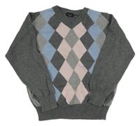 Šedo-modro-růžový károvaný svetr Next