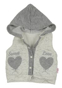 Šedo-bílá melírovaná zateplená tepláková vesta se srdíčky a kapucí 