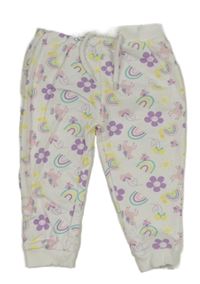 Bílo-žluto-lila květované tepláky s jednorožci a duhami Ergee