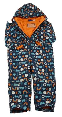 Tmavomodro-bílo-oranžovo-zelená vzorovaná šusťáková zimní kombinéza s obrázky a kapucí Lupilu