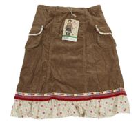 Nové - Hnědo-barevná manšestrová sukně  květovaným prvkem 