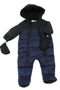 Tmavomodro-černá šusťáková zimní kombinéza s kapucí + rukavice F&F