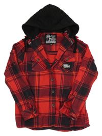 Červeno-černá kostkovaná košilová bunda s kapucí 
