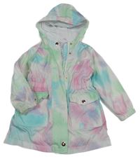 Bílo-zeleno-modro-růžová batikovaná pastelová jarní parka s kapucí Tu