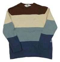 Hnědo-béžovo-modrý pruhovaný svetr H&M