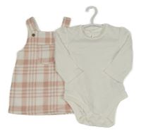 Nové - 2set - Bílé žebrované body + bílo-růžové kostkované fleecové laclové šaty George