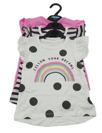 Nové - 3x tričko růžové+ pruhované+ bílé puntíkaté s duhou Dunnes