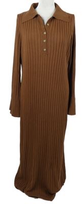 Dámské hnědé žebrované úpletové dlouhé šaty s límečkem Shein