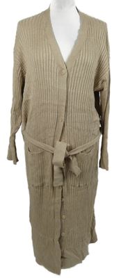 Dámský béžový žebrovaný propínací dlouhý svetr s páskem Dunnes