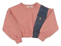 Růžová crop mikina s riflovou vsadkou 