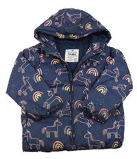 Tmavomodrá šusťáková zimní bunda s jednorožci a kapucí F&F