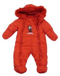 Červená šusťáková zimní kombinéza s Minnie a kapucí George