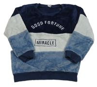 Tmavomodro-bílá chlupatá mikina s nápisem 