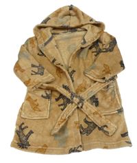 Světlehnědý plyšový župan se zvířátky a kapucí 