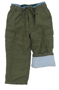 Khaki šusťákové zateplené kalhoty s kapsami