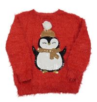 Červený chlupatý svetr s tučňákem Primark 