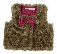 Hnědo-bílá kožešinová podšitá vesta s mašlí