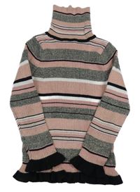 Růžovo-šedo-bílý pruhovaný žebrovaný svetr s rolákem Primark