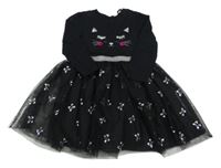 Černé bavlněno/tylové šaty s kočkou Primark