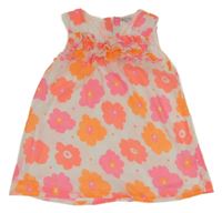 Bílo-růžovo-oranžová květovaná žoržetová šatová tunika s volánky 