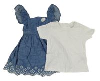 Nové - 2set - Modrá riflová laclová sukně s výšivkou + bílé tričko Primark