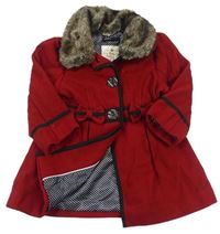 Tmavočervený vlněný podšitý kabát s kožešinovým límečkem M&S