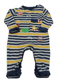 Šedo-tmavomodro-hořčicový pruhovaný melírovaný overal s auty Mothercare