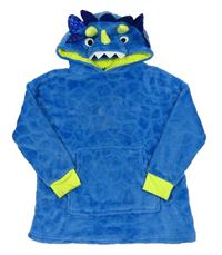 Modro-limetková plyšová dlouhá oversize mikina s kapsou a kapucí - dinosaurus zn. BOYS FUN