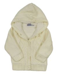 Smetanový pletený propínací podšitý svetr se vzorem a kapucí lupilu